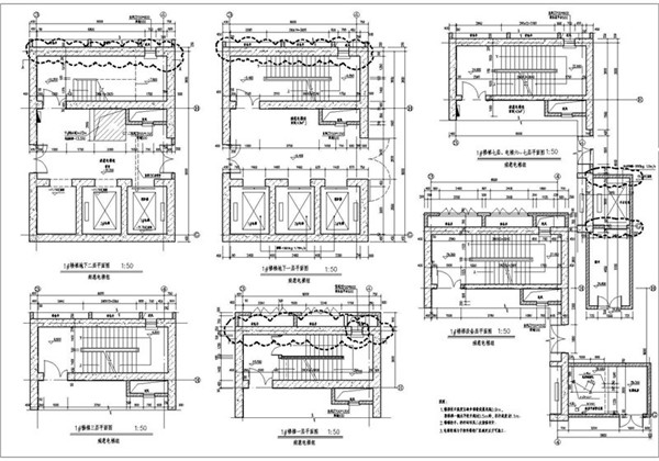 今天完成一组三甲医院高层综合楼的楼电梯组的建筑施工图